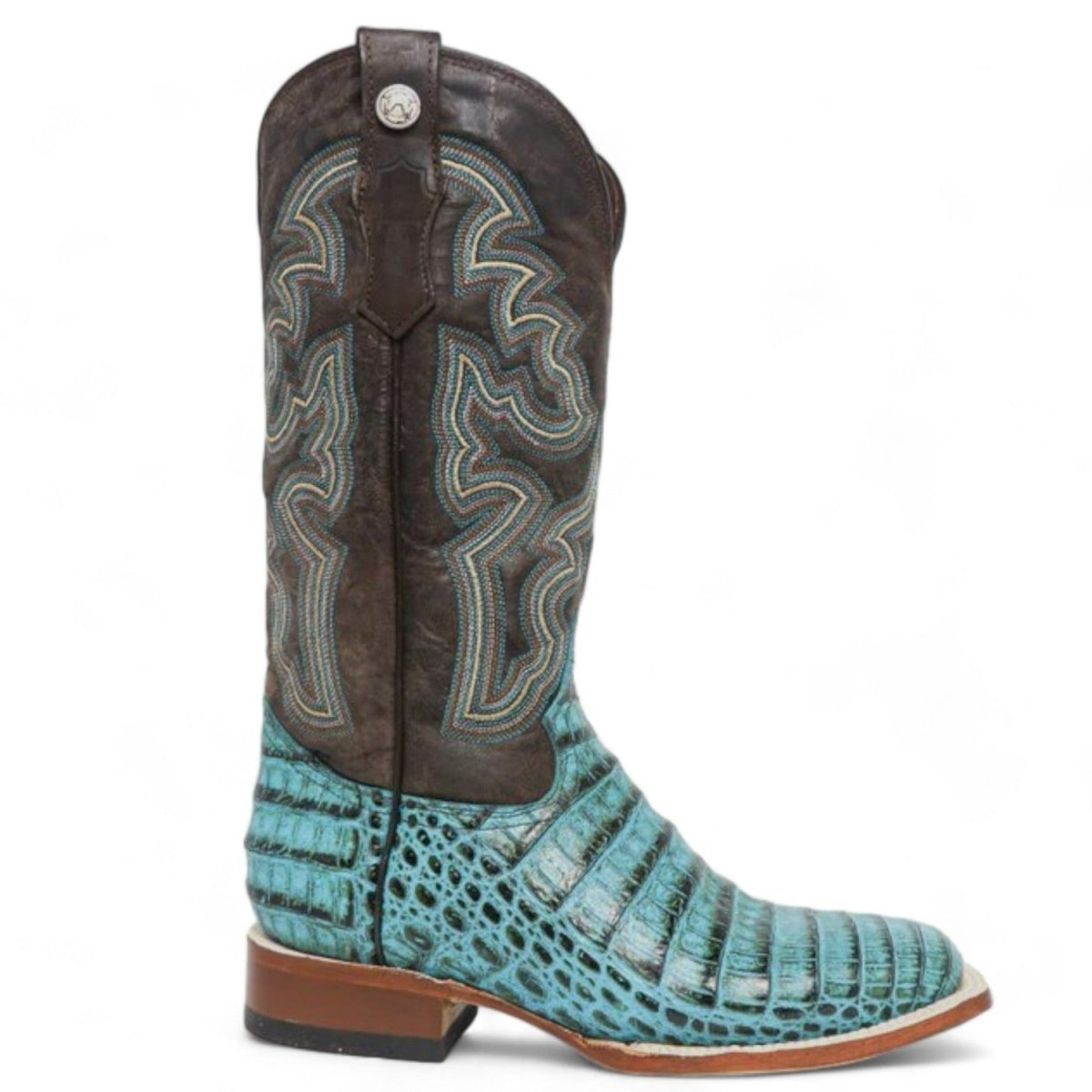 Tanner Mark Women's 'Agave Sky' Print Caiman Belly Square Toe Boots Turquoise