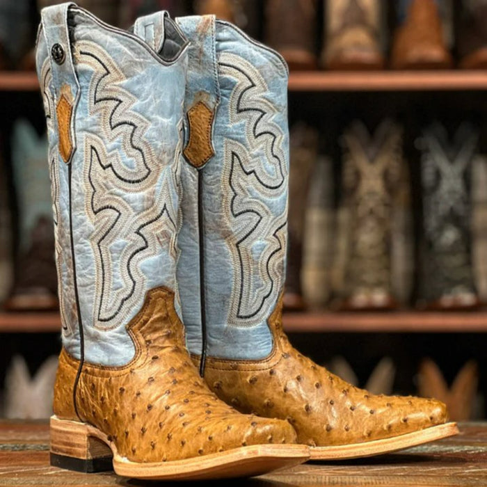 Women's Full Quill Ostrich Square Toe Boots Tan