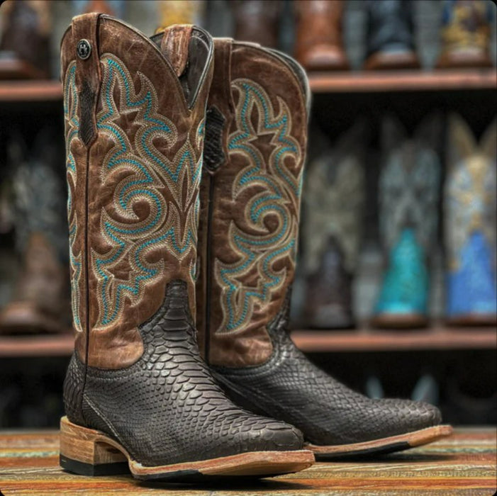 Women's Full Quill Ostrich Square Toe Boots Black TMLX20106