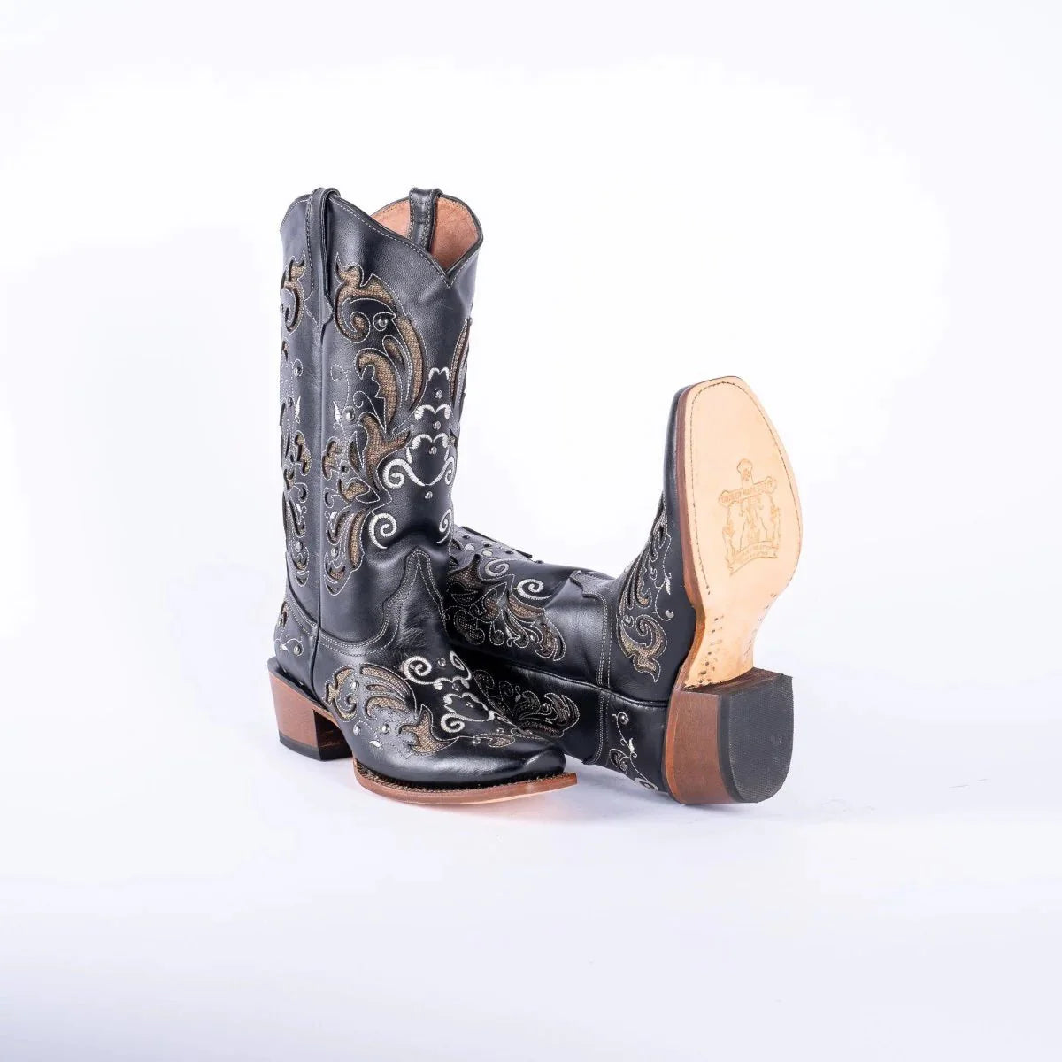 Tanner Mark Women's Hand Tooled Square Toe Leather Boots Black & Gold