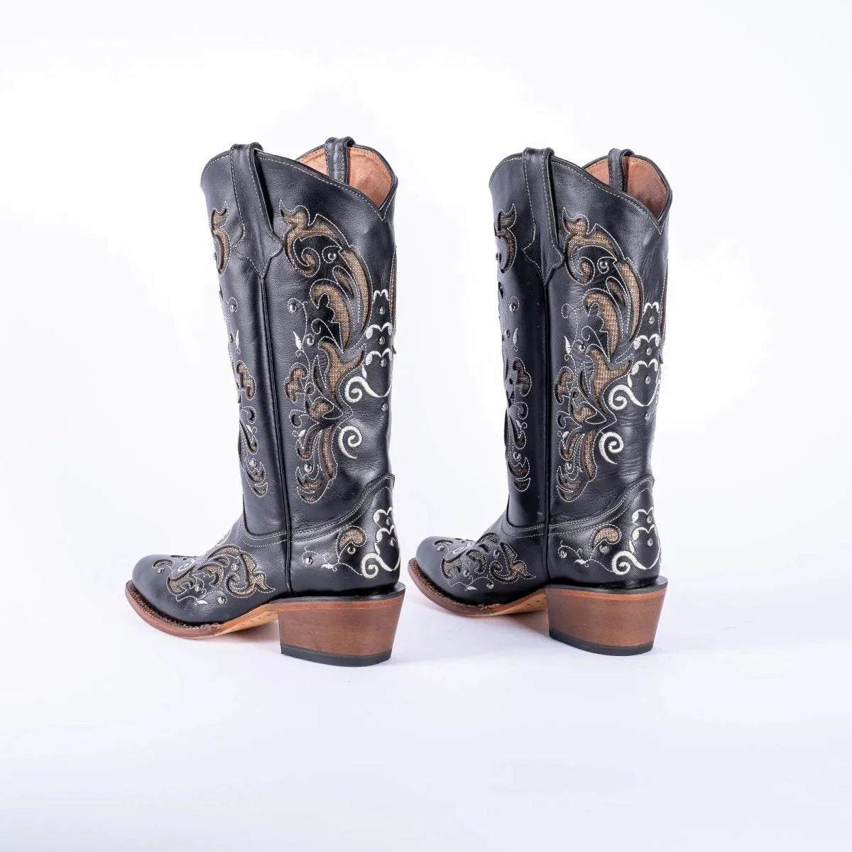 Tanner Mark Women's Hand Tooled Square Toe Leather Boots Black & Gold