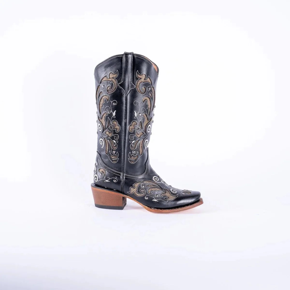 Tanner Mark Women's Hand Tooled Square Toe Leather Boots Black & Gold
