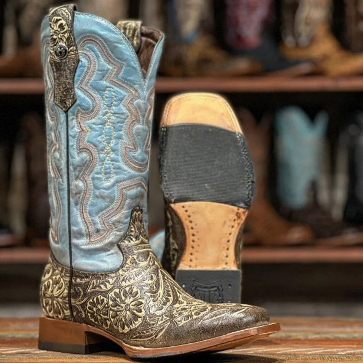 Tanner Mark Women's Hand Tooled Square Toe Leather Boots Brown