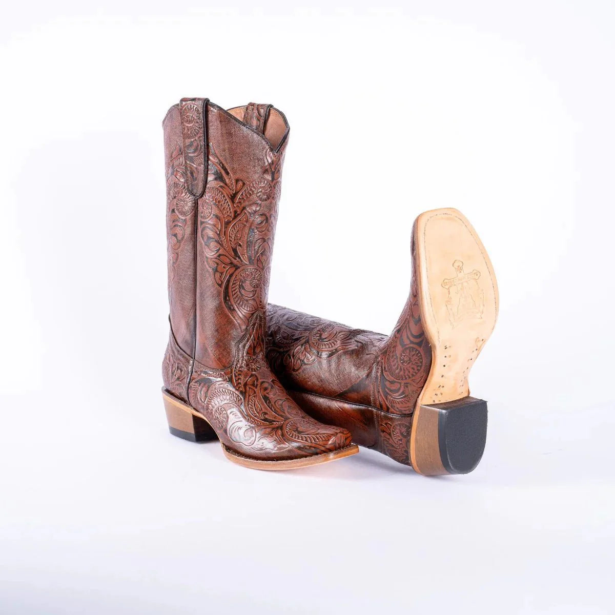 Tanner Mark Women's Hand Tooled Square Toe Leather Boots Cognac