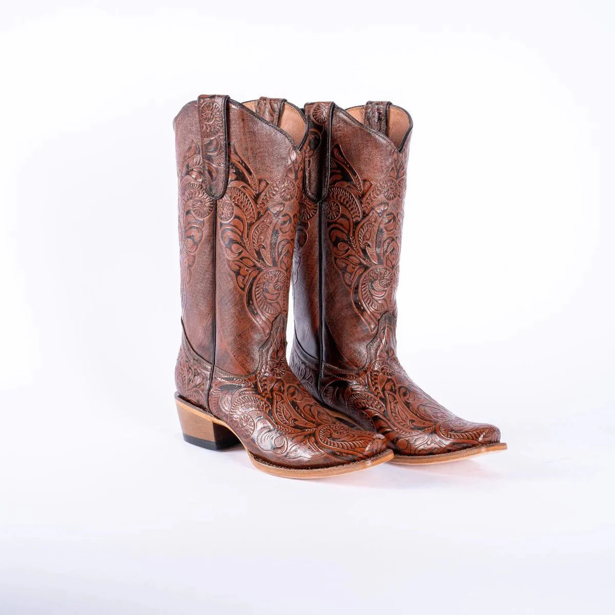 Tanner Mark Women's Hand Tooled Square Toe Leather Boots Cognac