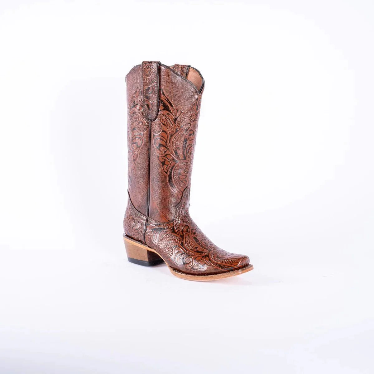 Tanner Mark Women's Hand Tooled Square Toe Leather Boots Cognac