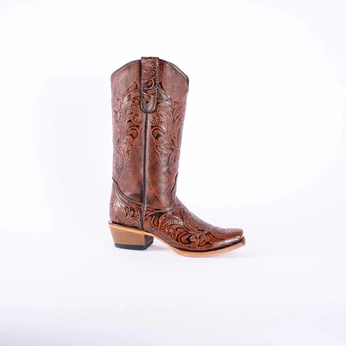 Tanner Mark Women's Hand Tooled Square Toe Leather Boots Cognac