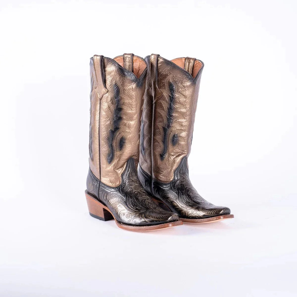 Tanner Mark Women's Hand Tooled Square Toe Leather Boots Gold