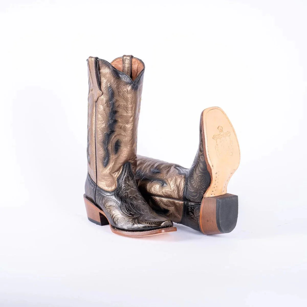 Tanner Mark Women's Hand Tooled Square Toe Leather Boots Gold