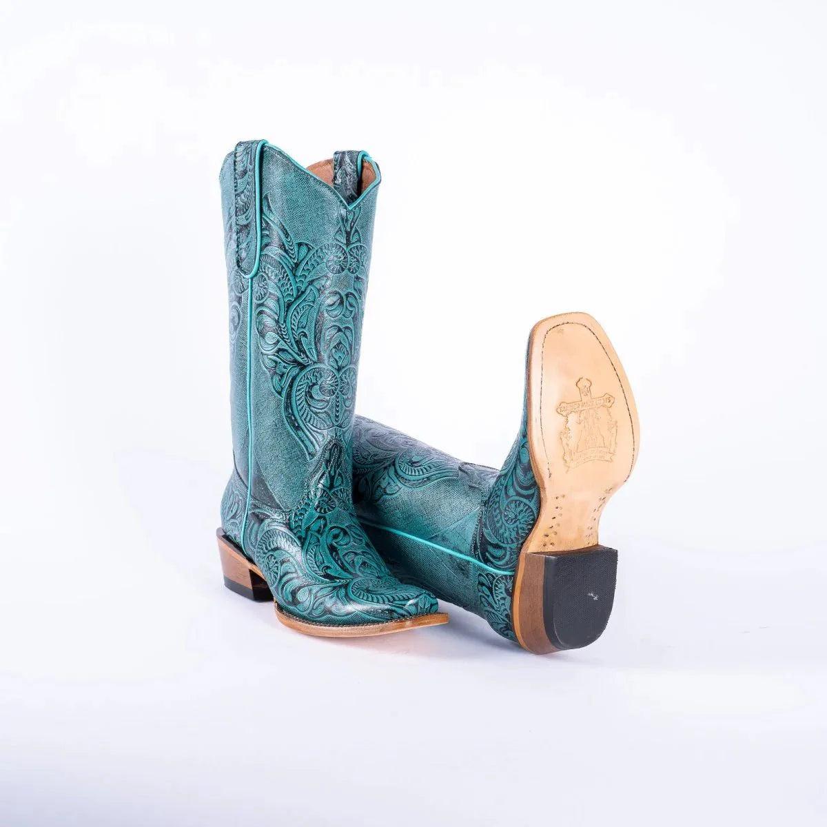 Tanner Mark Women's Hand Tooled Square Toe Leather Boots Turquoise