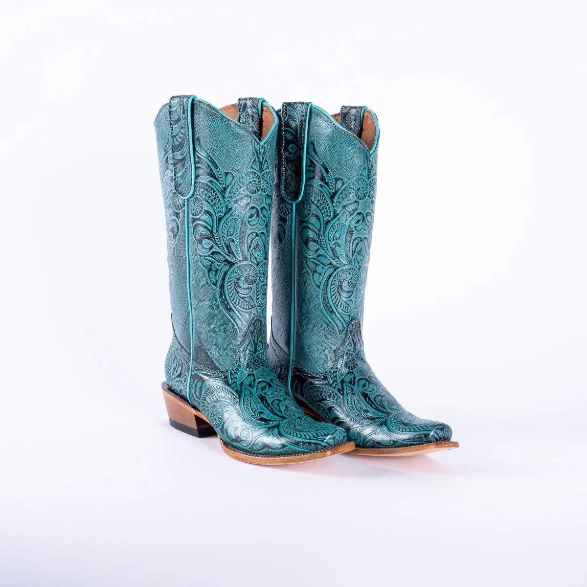 Tanner Mark Women's Hand Tooled Square Toe Leather Boots Turquoise