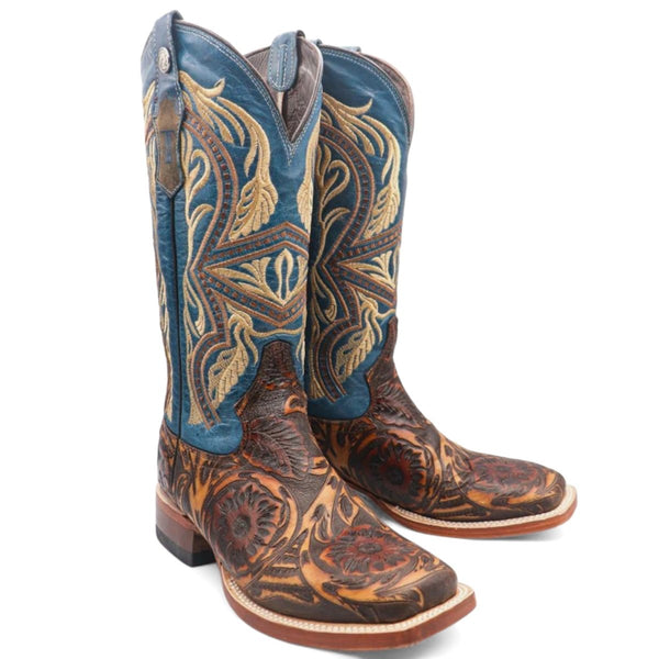 Mens Tooled Leather Boots - Tanner Mark Women's Jaw Dropper Hand Tooled Square Toe Leather Boots Cognac TML207088