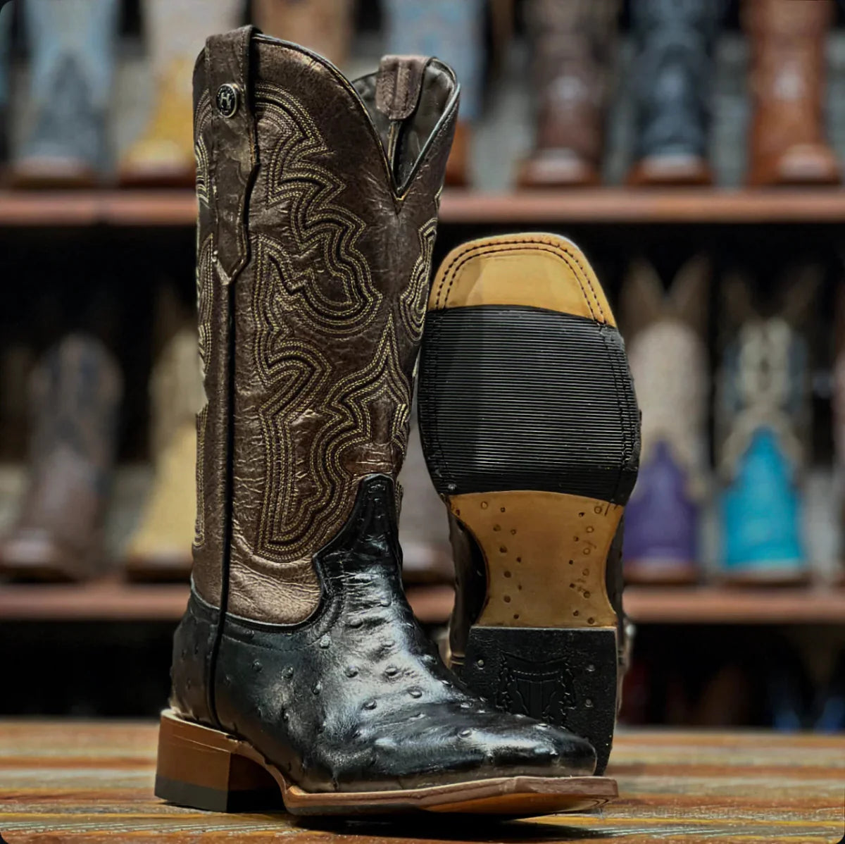 Tanner Mark Women's Ostrich Print Square Toe Boots Black