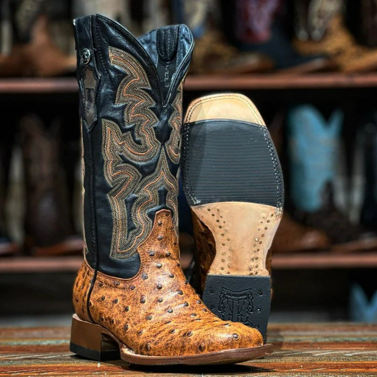 Tanner Mark Women's Ostrich Print Square Toe Boots Cognac