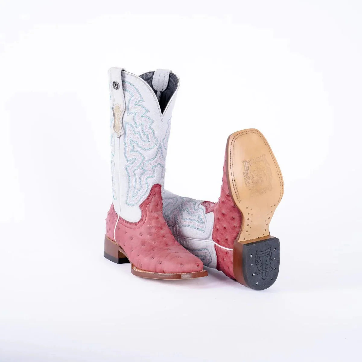 Tanner Mark Women's Ostrich Print Square Toe Boots Pink