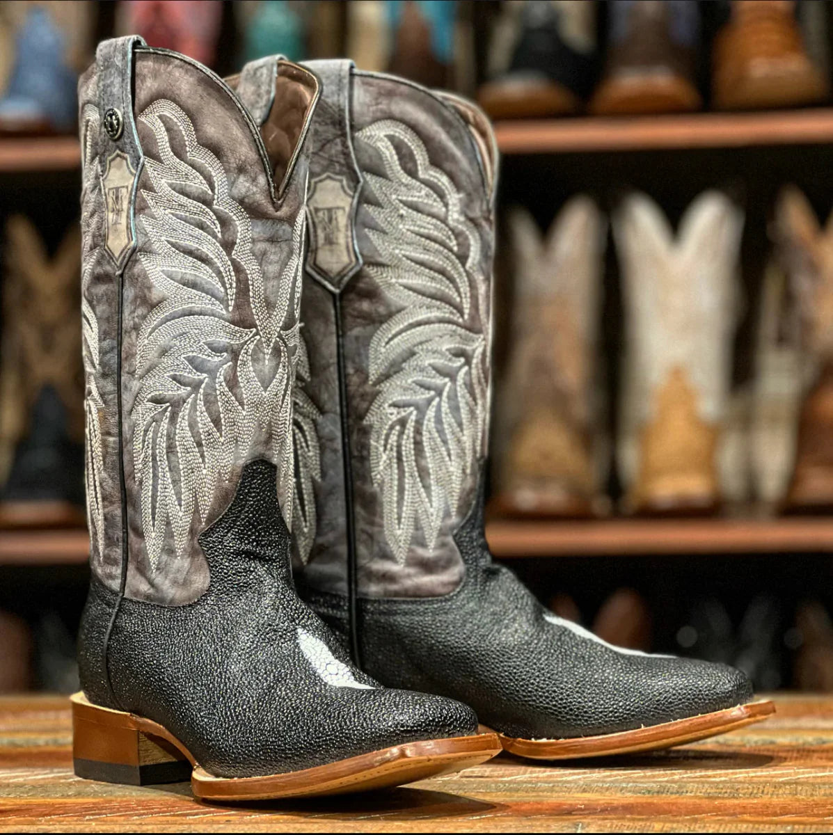 Tanner Mark Women's Print Stingray Square Toe Boots Black