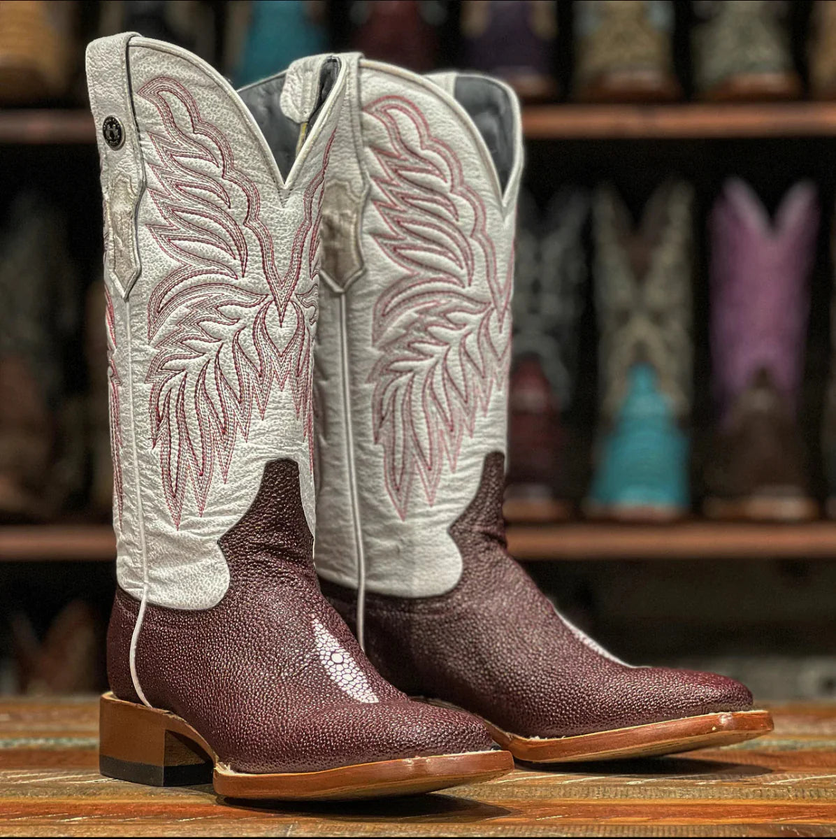 Tanner Mark Women's Print Stingray Square Toe Boots Burgundy