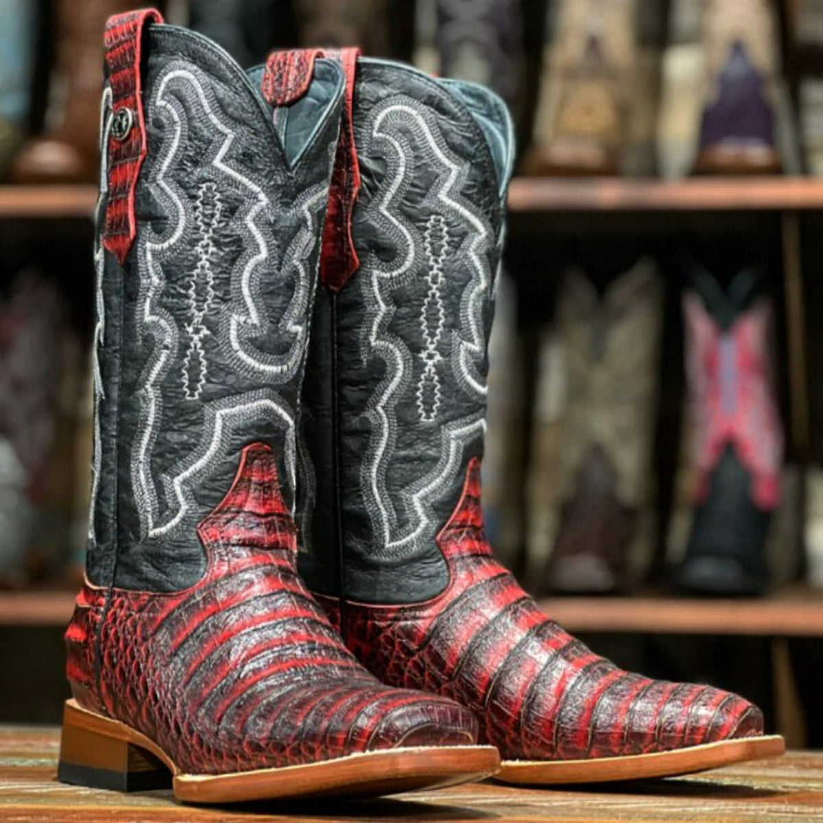 Tanner Mark Women's 'Scarlet' Print Caiman Belly Square Toe Boots Burgundy