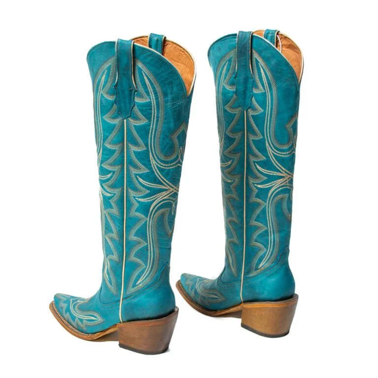 Tanner Mark Women's Snip Toe Fashion Heel Knee High Leather Boots Turquoise