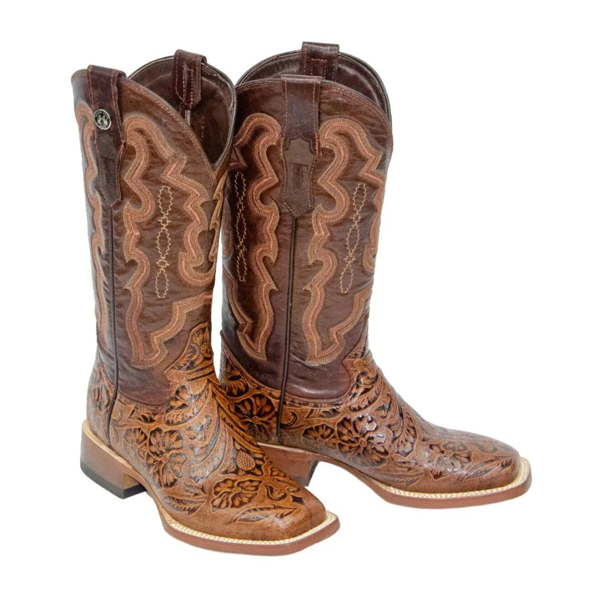 Tanner Mark Women's 'Wildfire' Hand Tooled Square Toe Leather Boots Cognac