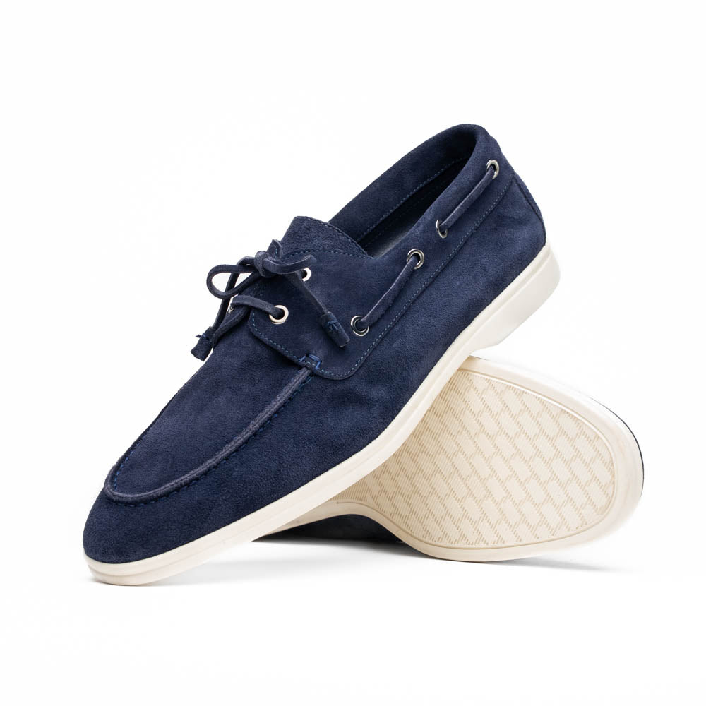 Zelli Venice Hand-Stitched Sueded Goatskin Boat Shoe in Navy