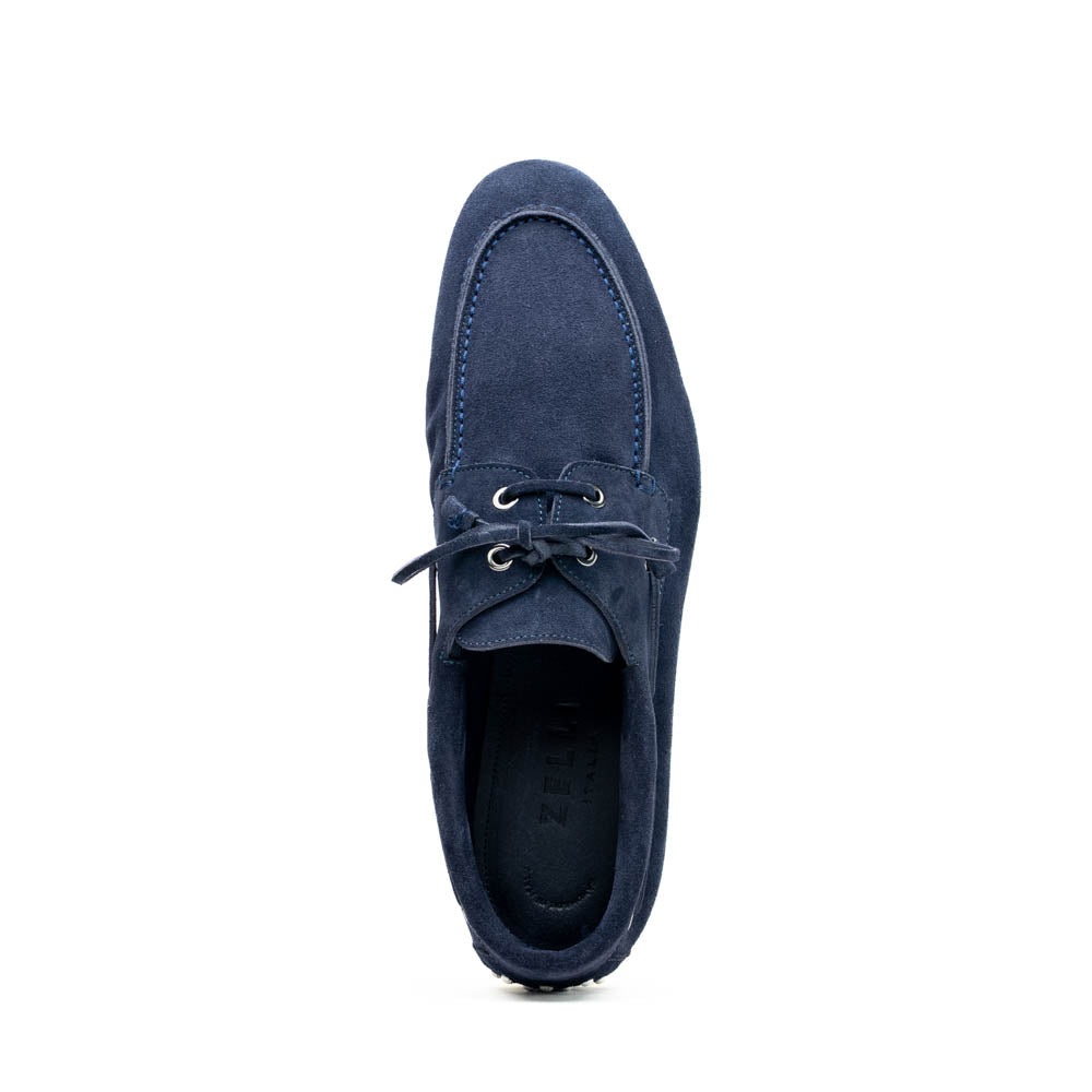 Zelli Venice Hand-Stitched Sueded Goatskin Boat Shoe in Navy