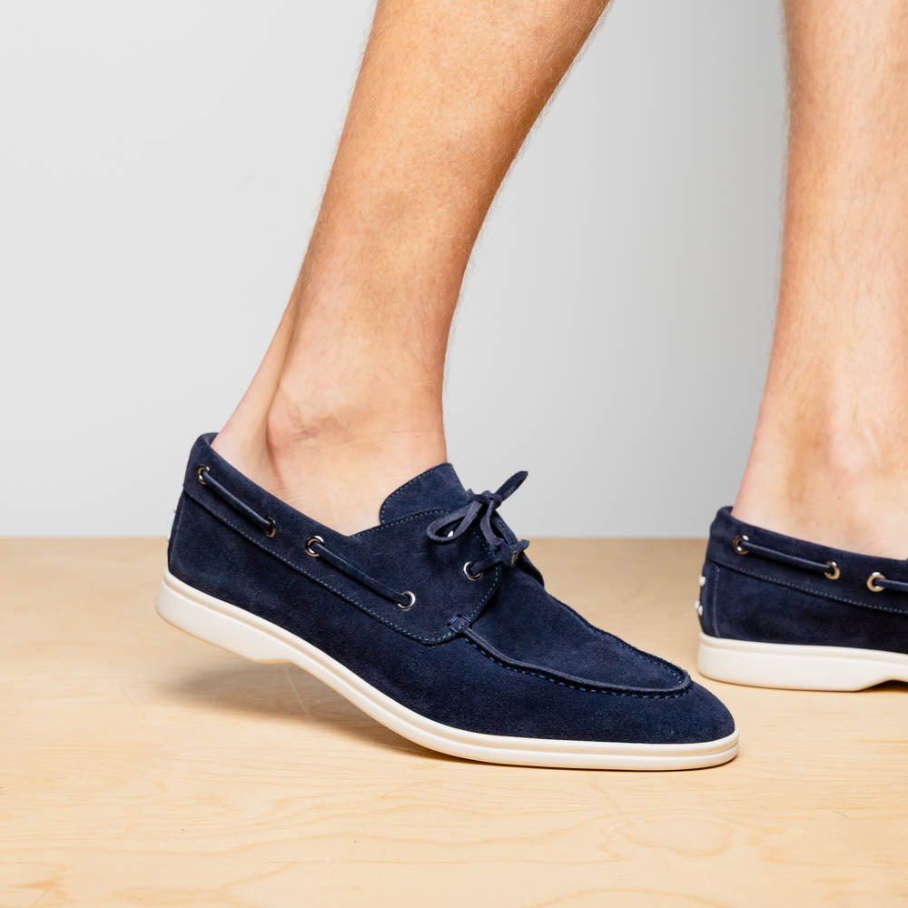 Zelli Venice Hand-Stitched Sueded Goatskin Boat Shoe in Navy