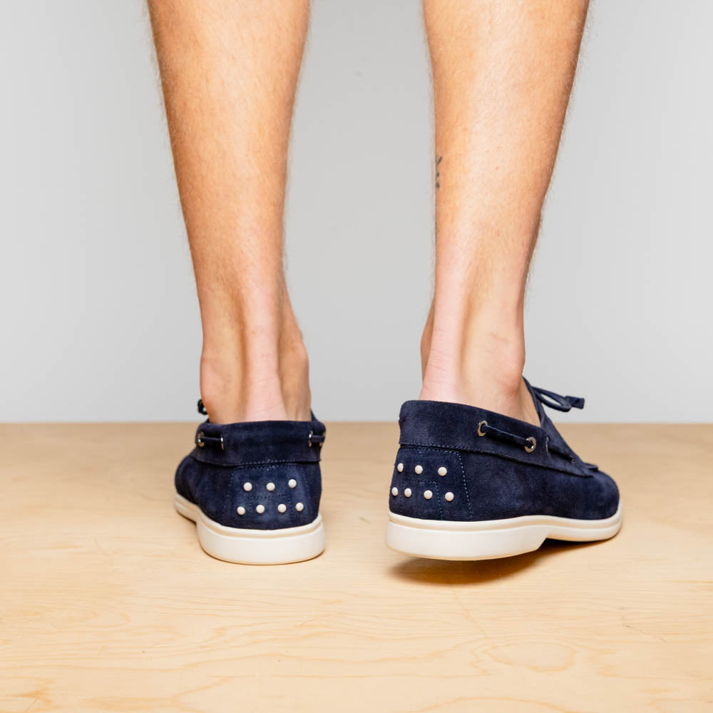 Zelli Venice Hand-Stitched Sueded Goatskin Boat Shoe in Navy