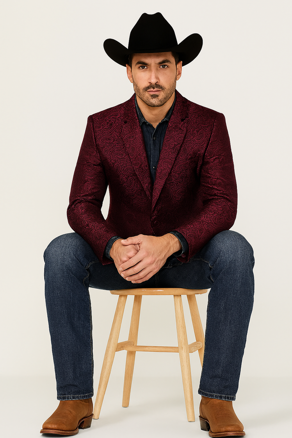 Burgundy Blazer - Western Blazer - Saco Vaquero para Hombre - Saco Vaquero Paisly Fabric in Color Burgundy
