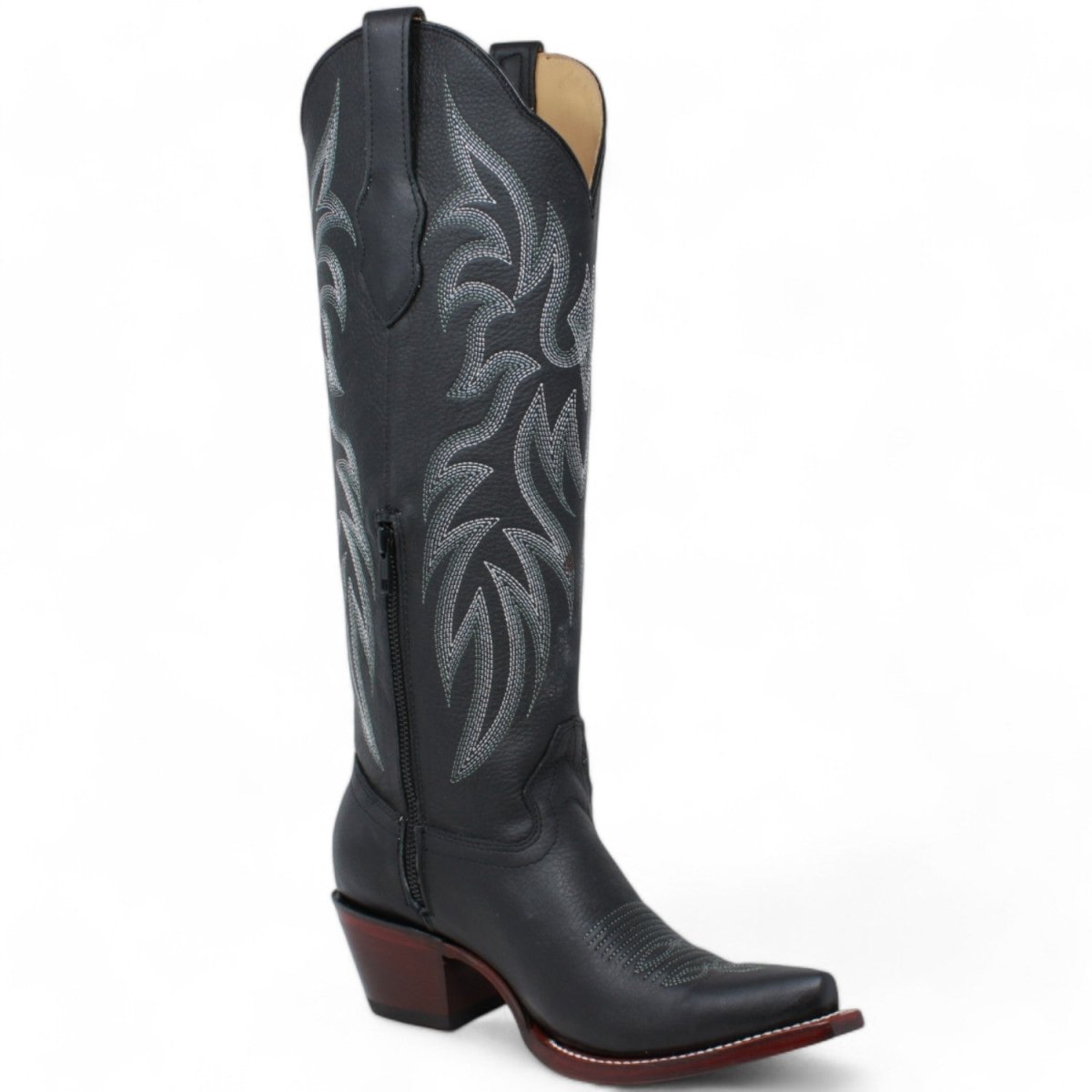 Women's Wild West Snip Toe Leather Boots with Zipper - Black