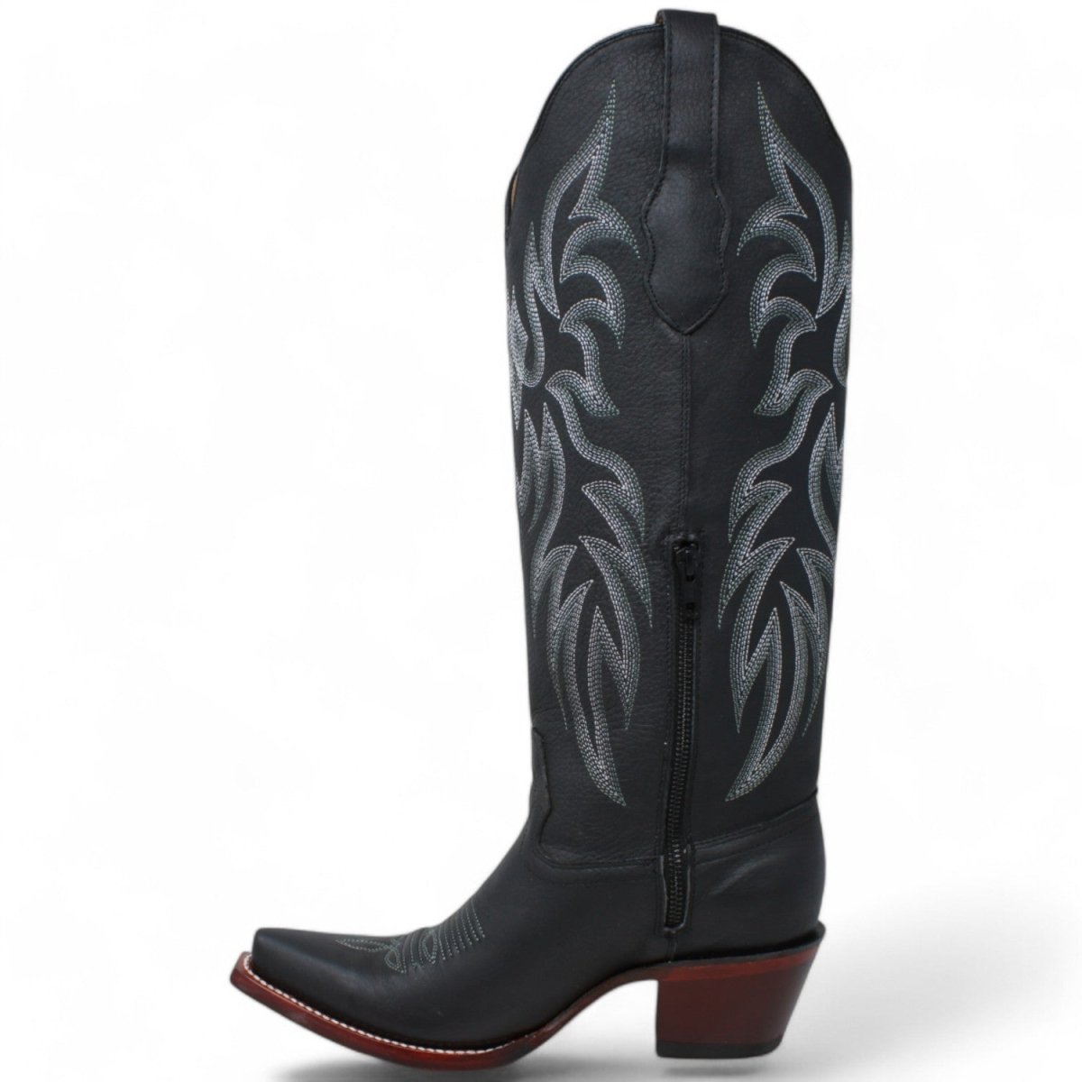 Women's Wild West Snip Toe Leather Boots with Zipper - Black