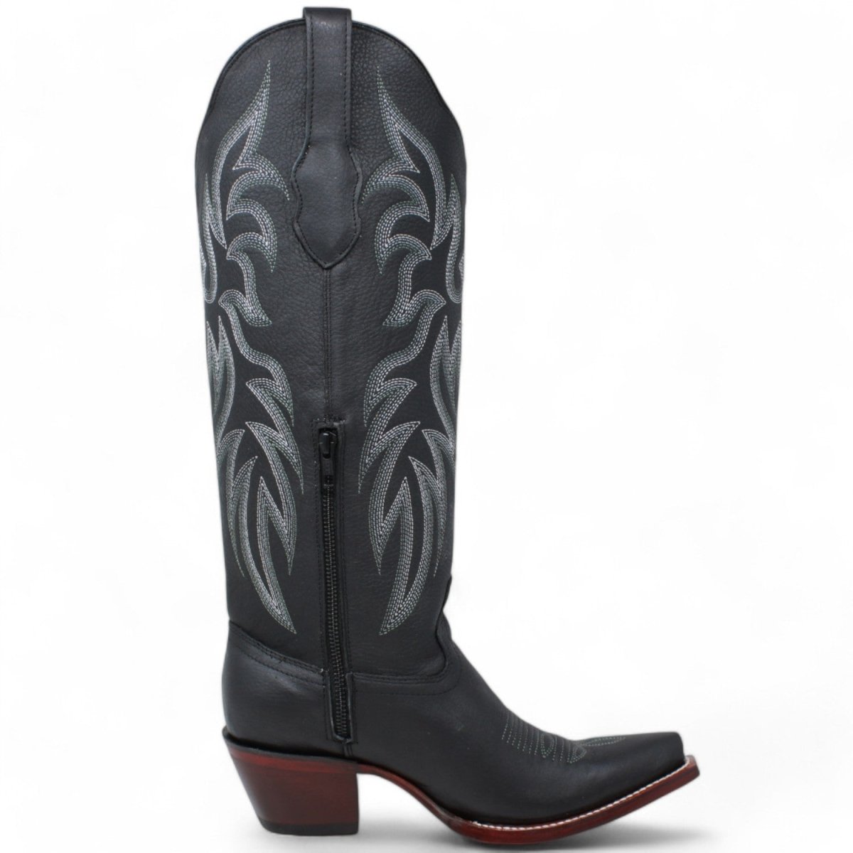 Women's Wild West Snip Toe Leather Boots with Zipper - Black