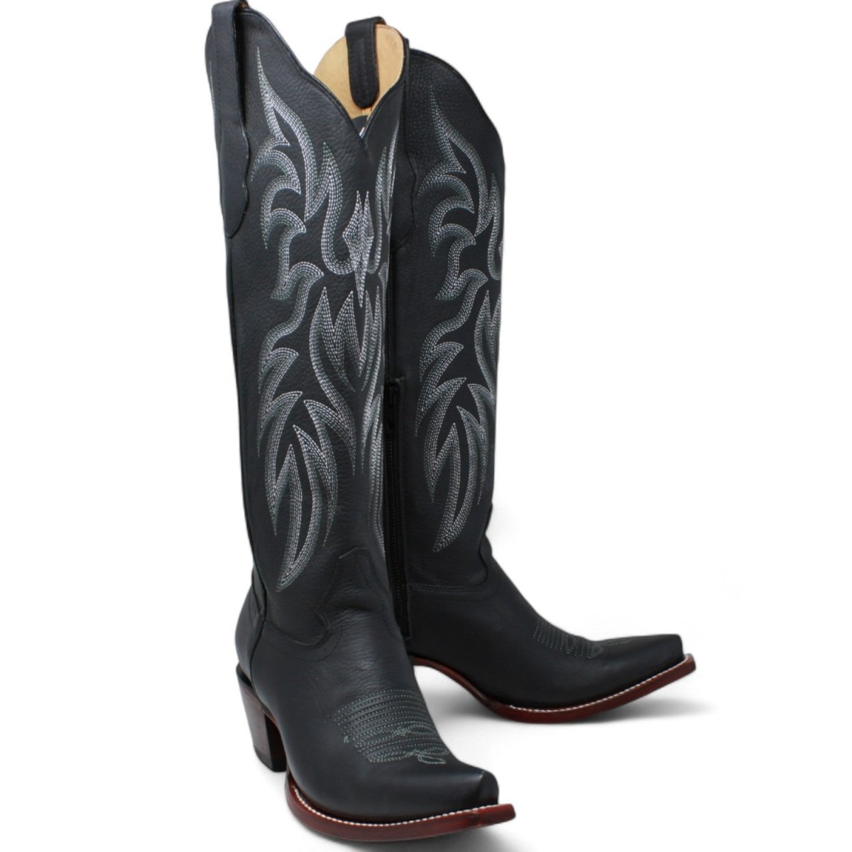 Women's Wild West Snip Toe Leather Boots with Zipper - Black