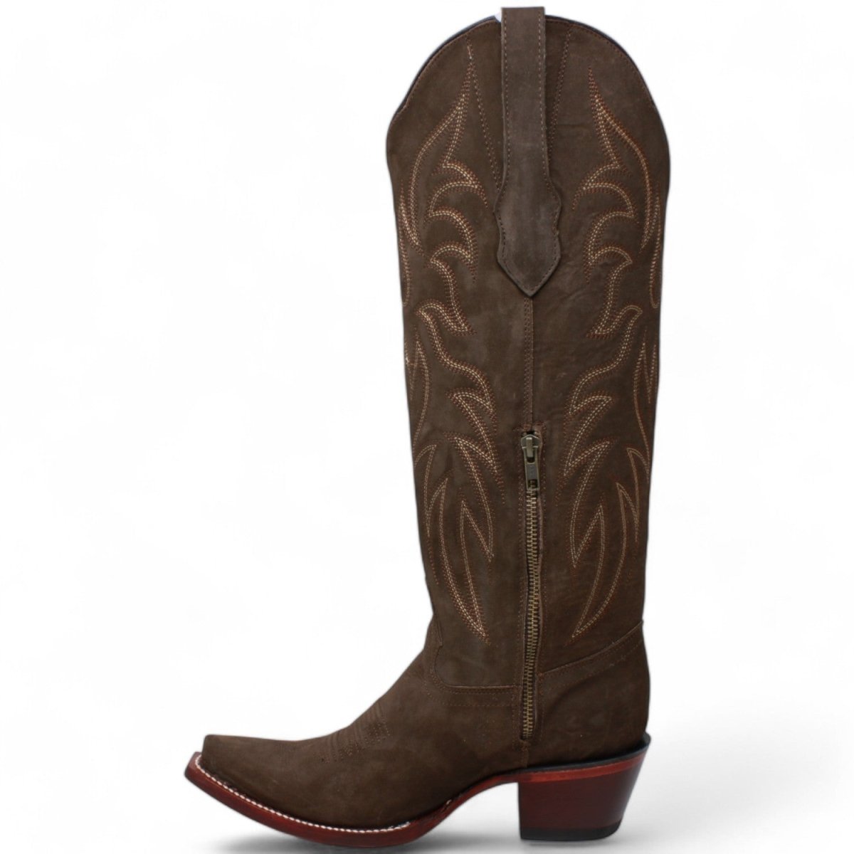 Women's Wild West Snip Toe Suede Leather Boots with Zipper - Chocolate