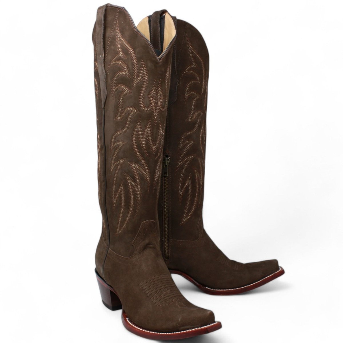 Women's Wild West Snip Toe Suede Leather Boots with Zipper - Chocolate