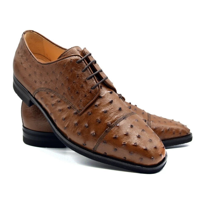 Zelli Andrea Genuine Ostrich Quill Cap Toe Derby Shoes in Brandy