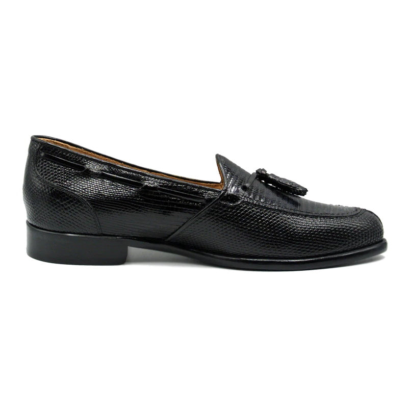Zelli Franco Genuine Lizard Tassel Loafers in Black with Apron Toe