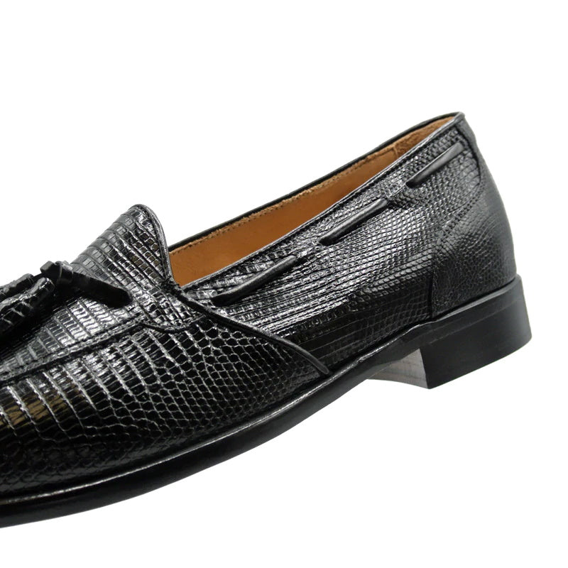 Zelli Franco Genuine Lizard Tassel Loafers in Black with Apron Toe