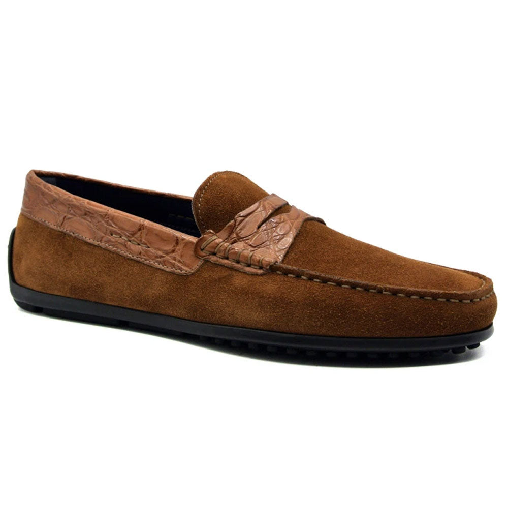 Zelli Monza Suede and Caiman Crocodile Driving Loafer in Cognac