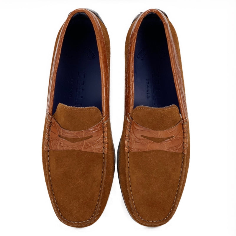 Zelli Monza Suede and Caiman Crocodile Driving Loafer in Cognac