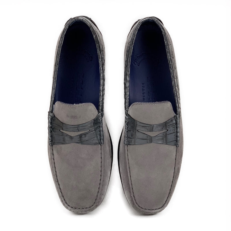 Zelli Monza Suede and Caiman Crocodile Driving Loafers in Gray