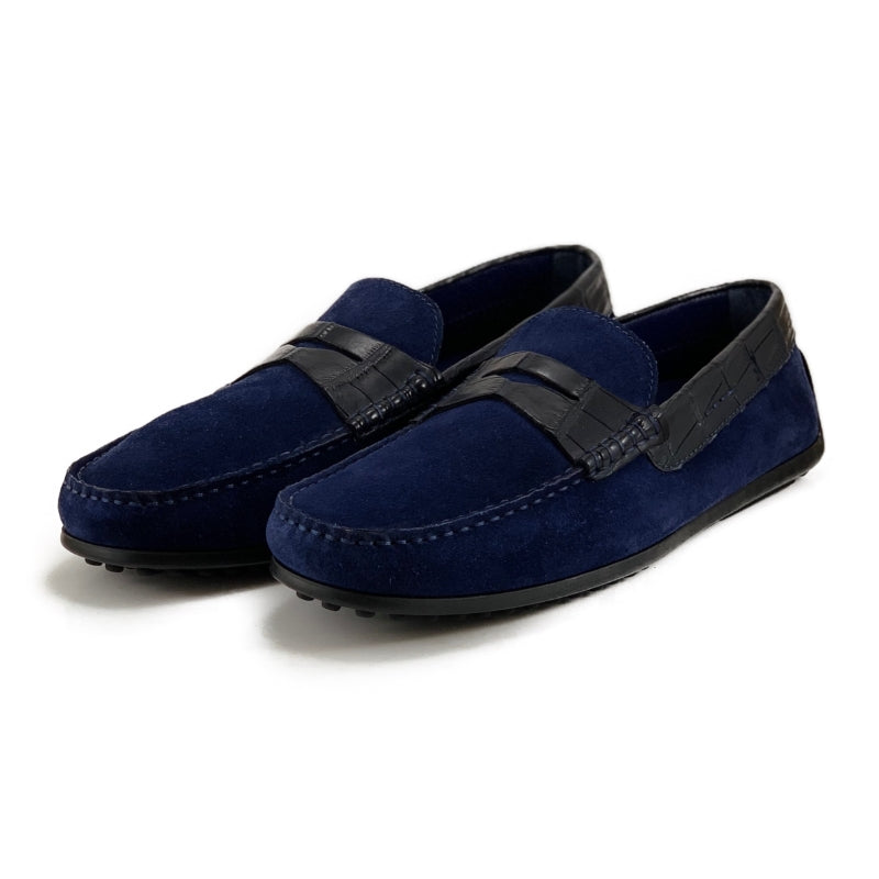 Zelli Monza Navy Suede and Caiman Crocodile Driving Loafers
