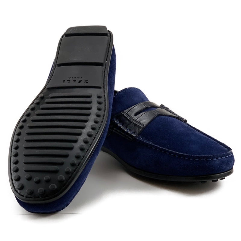 Zelli Monza Navy Suede and Caiman Crocodile Driving Loafers