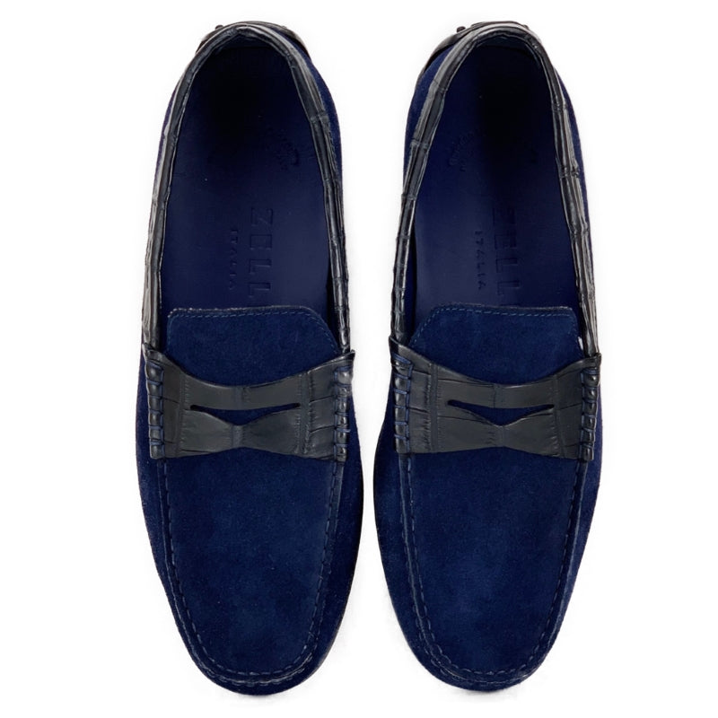 Zelli Monza Navy Suede and Caiman Crocodile Driving Loafers