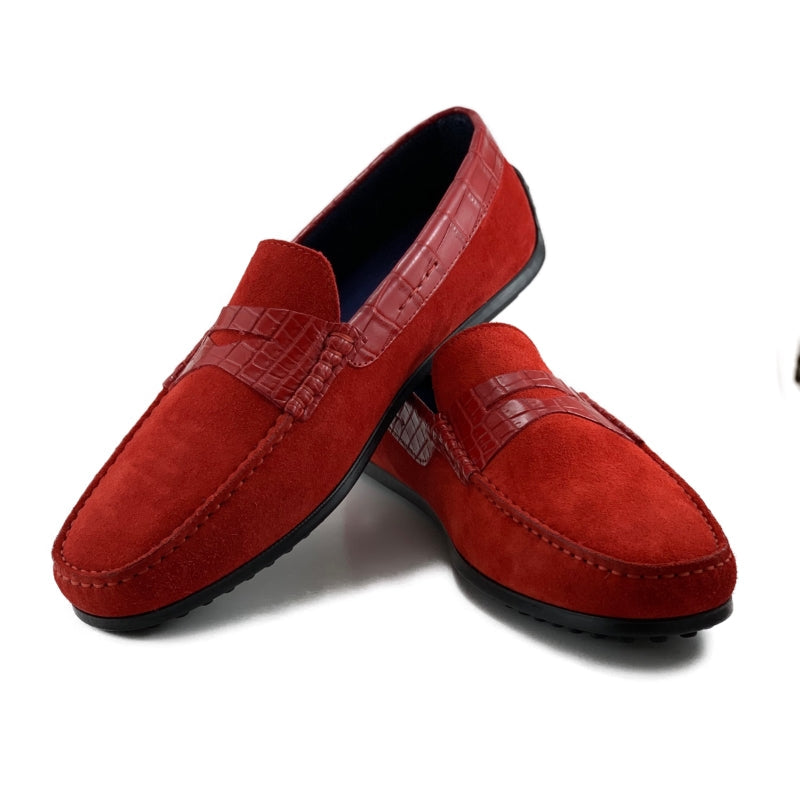 Zelli Monza Suede and Caiman Crocodile Driving Loafers in Red