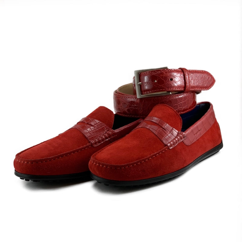 Zelli Monza Suede and Caiman Crocodile Driving Loafers in Red