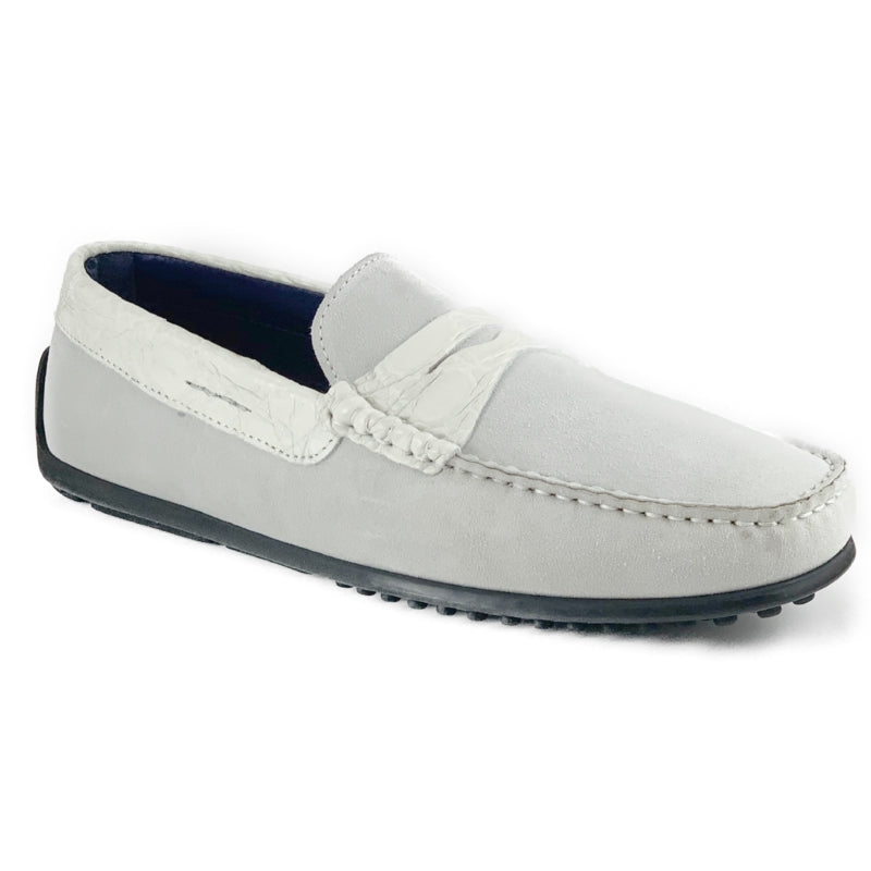Zelli Monza Suede and Caiman Crocodile Driving Loafer in White