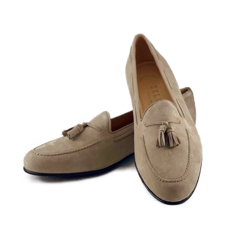 Zelli Naples Suede Tassel Loafer in Bone | Classic Italian Footwear