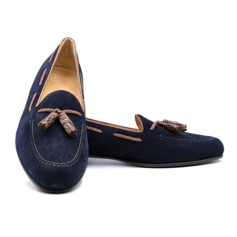 Zelli Naples Suede Loafers with Genuine Crocodile Tassels in Navy