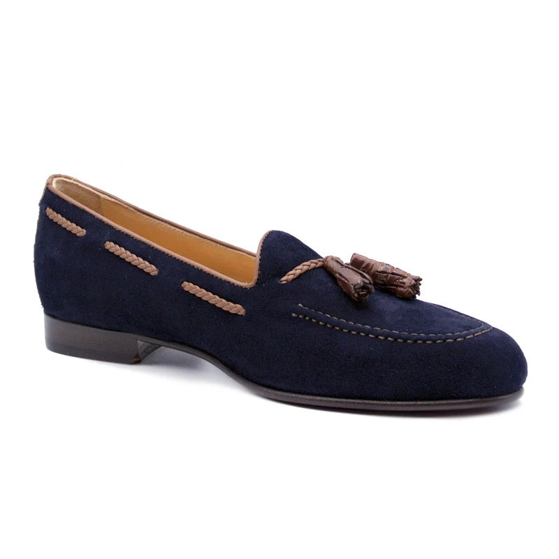 Zelli Naples Suede Loafers with Genuine Crocodile Tassels in Navy